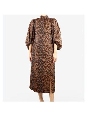 Ganni Sustain Leopard puff sleeves midi dress, Brown Leopard, Size 34